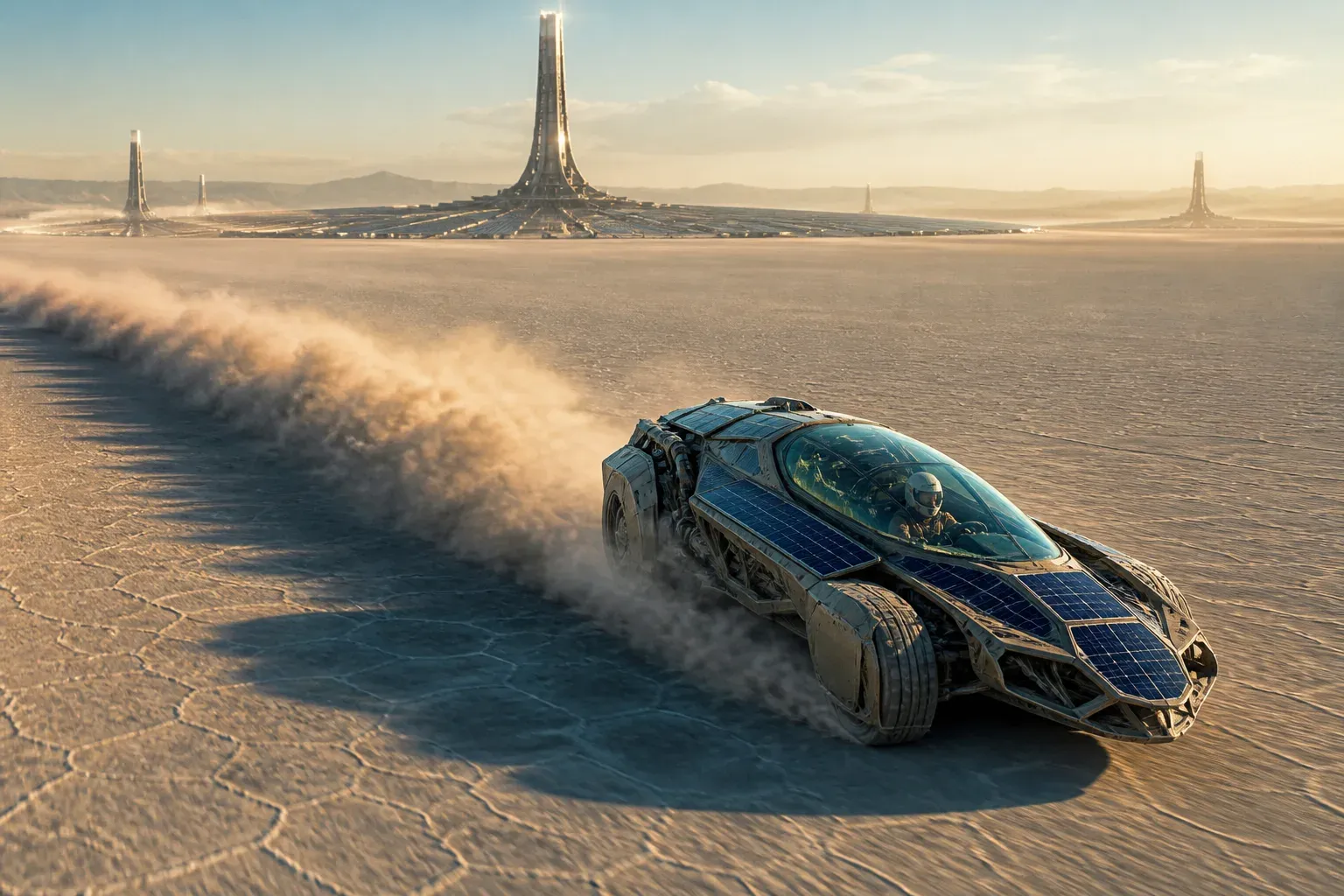 A fictional solar rally vehicle crossing a desert beneath monumental towers